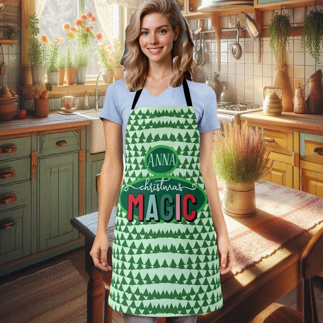 Christmas Magic Calligraphy Green Pine Trees Funky Apron (Christmas Magic Calligraphy Green Pine Trees Funky Apron
)
