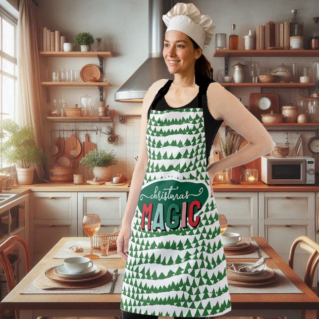 Christmas Magic Calligraphy Green Pine Trees Funky Apron (Christmas Magic Calligraphy Green Pine Trees Funky Apron)