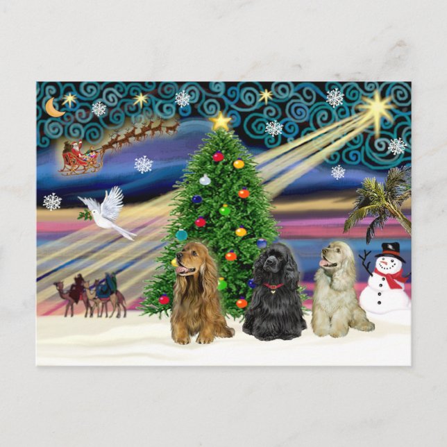 Christmas Magic Cocker Spaniels (three) Holiday Postcard (Front)