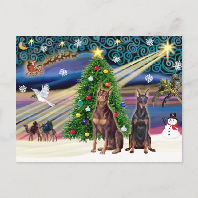 Christmas Magic Doberman Pinschers (two) Holiday Postcard (Front)