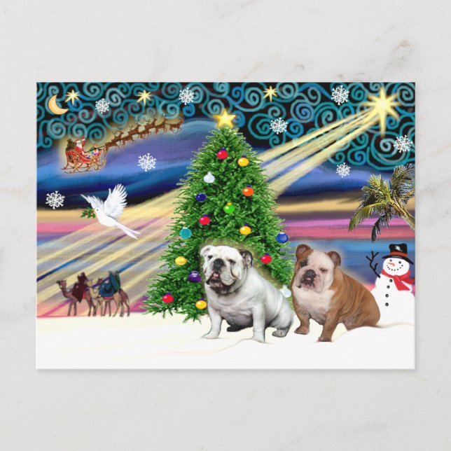 Christmas Magic English Bulldogs (two) Holiday Postcard (Front)