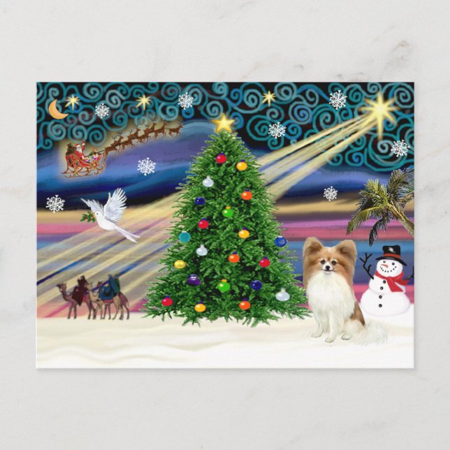 Christmas Magic Papillon (fawn) Holiday Postcard (Front)