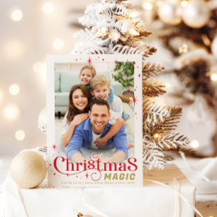 CHRISTMAS MAGIC PHOTO festive cute typography red Holiday Card