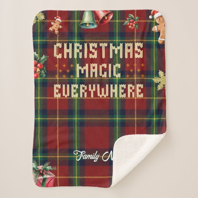 Christmas Magic Plaid Family Name Sherpa Blanket (Front)