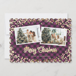 Christmas Magic Purple Plaid Gold Photo Holiday Card