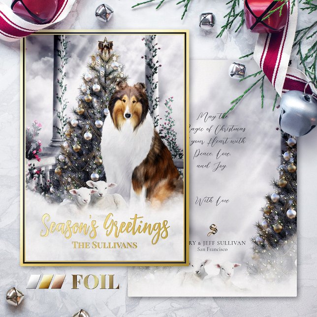 Christmas Magic, Sable Rough Collie Dog & Lambs - Foil Holiday Card (Creator Uploaded)