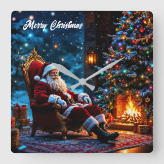 Christmas magic Santa Claus cosy fireplace Square Wall Clock