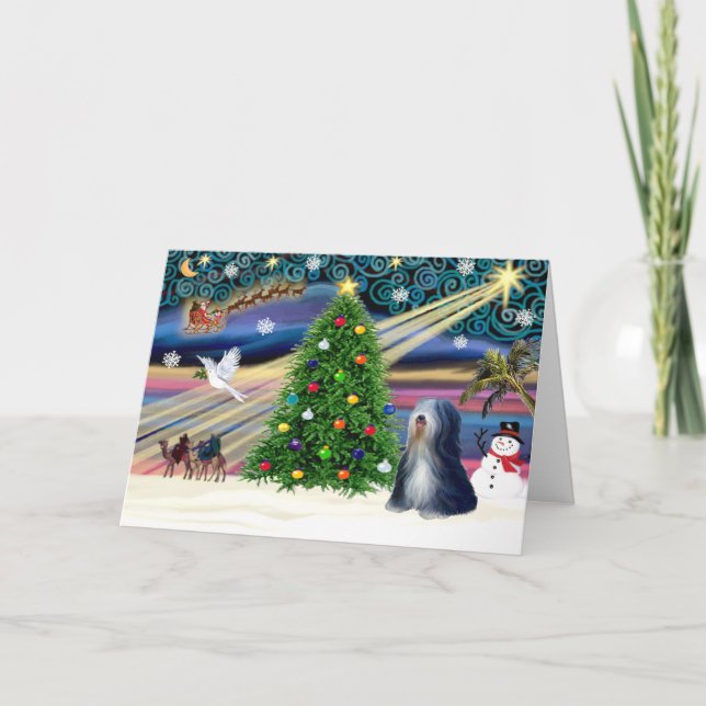 Christmas Magic Tibetan Terrier (black-white) Holiday Card (Front)