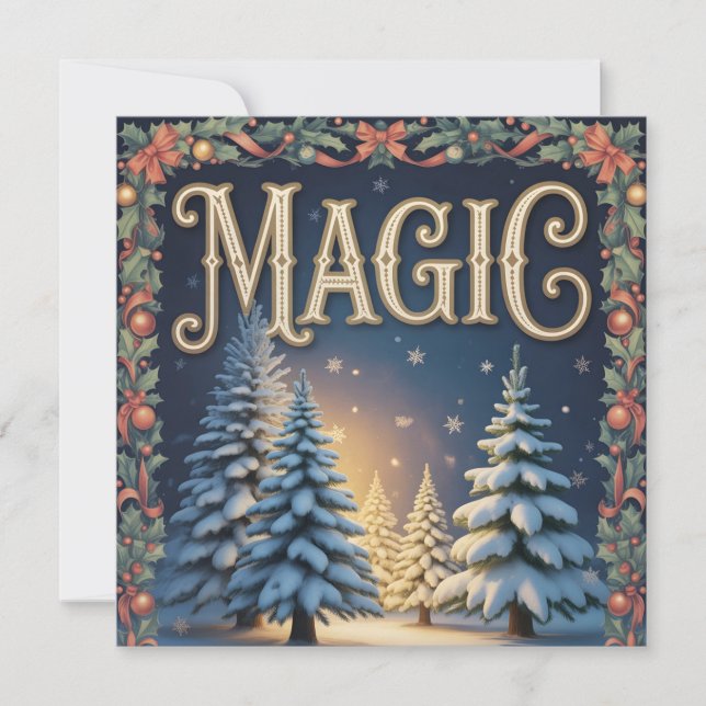 Christmas Magic Typography with Snowy Pine Trees  Holiday Card (Front)