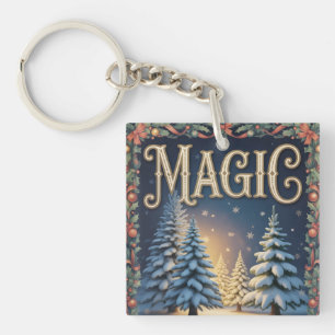 Christmas Magic Typography with Snowy Pine Trees Key Ring