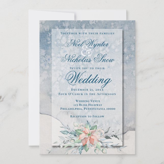 Christmas Magic/Watercolor Poinsettia Wedding Announcement (Front)