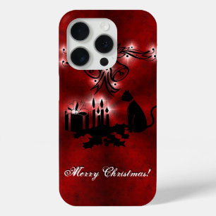 Christmas Magic with Black Cat on Red Rainbow iPhone 15 Pro Case