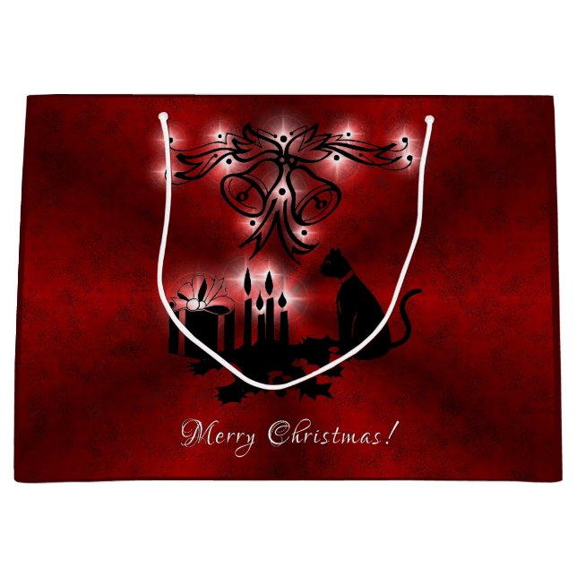 Christmas Magic with Black Cat on Red Rainbow Large Gift Bag (Front)