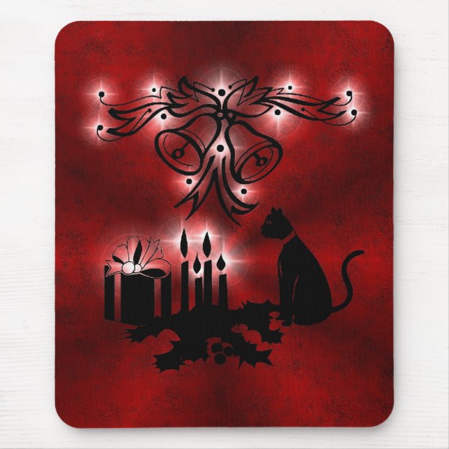 Christmas Magic with Black Cat on Red Rainbow Mouse Mat (Front)