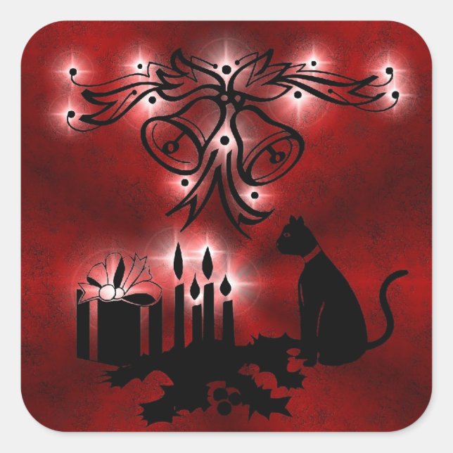 Christmas Magic with Black Cat on Red Rainbow Square Sticker (Front)