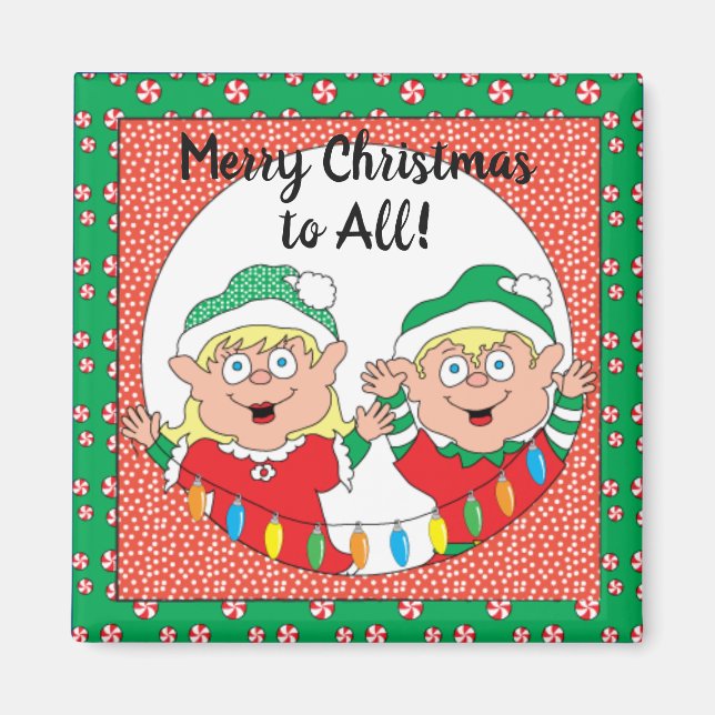 Christmas Magnet Square Happy Christmas Elves (Front)