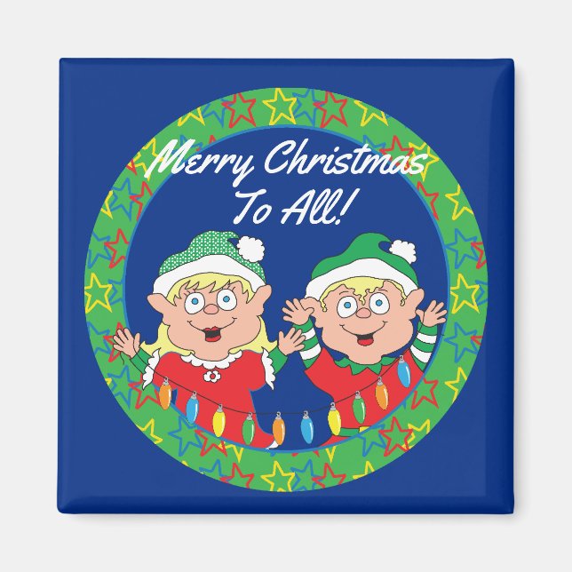 Christmas Magnet Square Happy Christmas Elves (Front)