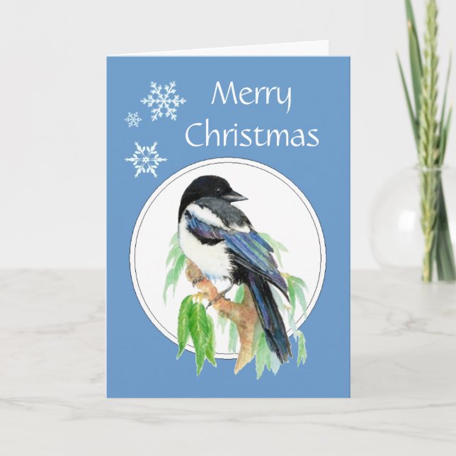 Christmas Magpie, Garden, Bird, Nature Greetings Holiday Card (Front)