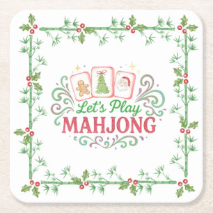 Christmas Mahjong Crest   Monogram Square Paper Coaster