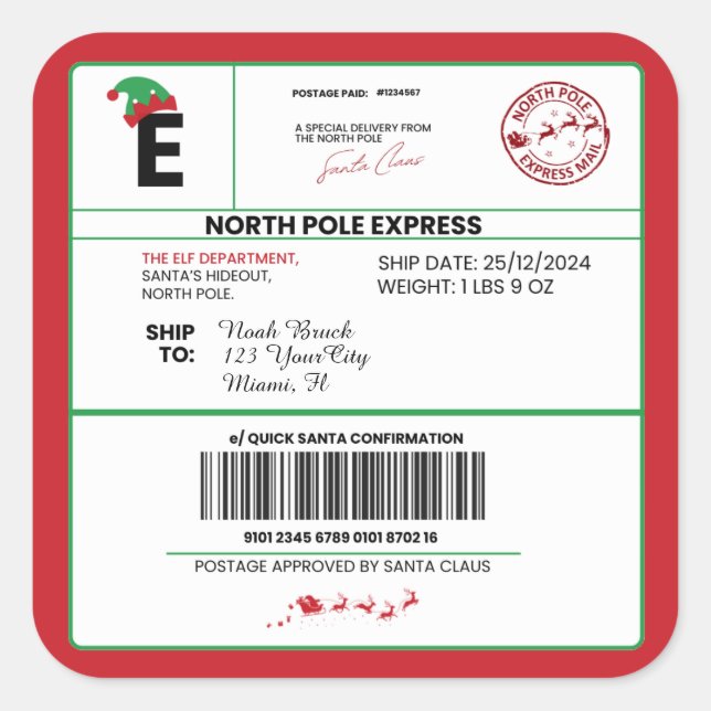 Christmas Mail From Santa North Pole Delivery,  Square Sticker (Front)