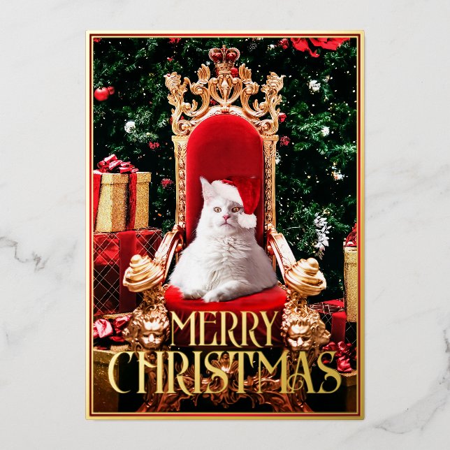 Christmas Maine Coon Cat sitting on Santa Throne - Foil Holiday Card (Front)