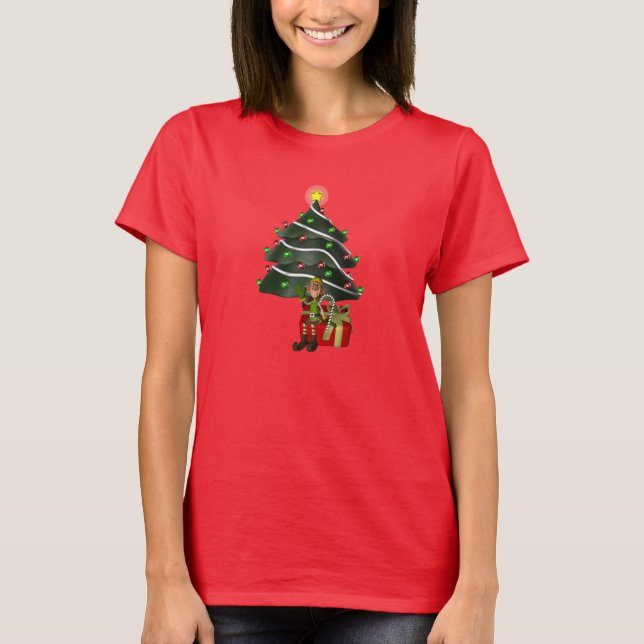 Christmas Male Elf Tree Present Cute T-Shirt (Front)