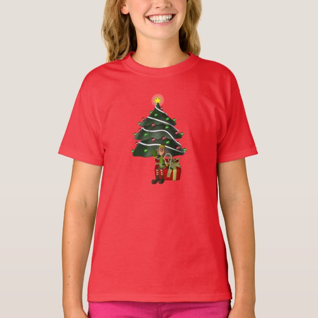 Christmas Male Elf Tree Present Cute T-Shirt (Front)