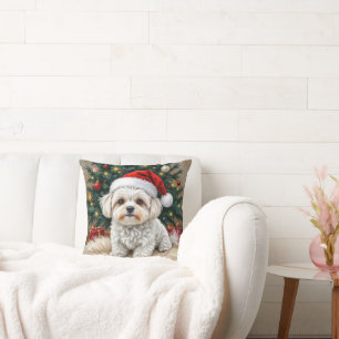 Christmas Maltese Dog On a Fur Pillow