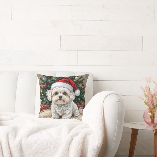 Christmas Maltese Dog On a Fur Pillow (Couch)