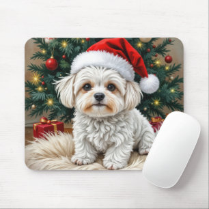 Christmas Maltese Dog On a Fur Pillow Mouse Mat