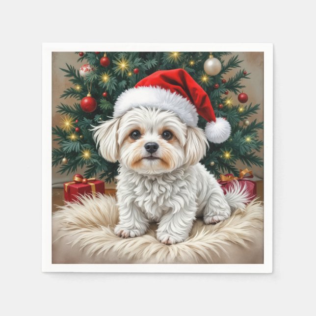 Christmas Maltese Dog On a Fur Pillow Napkin (Front)