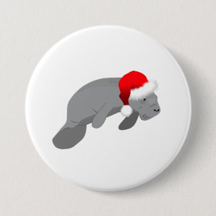 Christmas Manatee Funny Sea Cow With Santa Hat 7.5 Cm Round Badge
