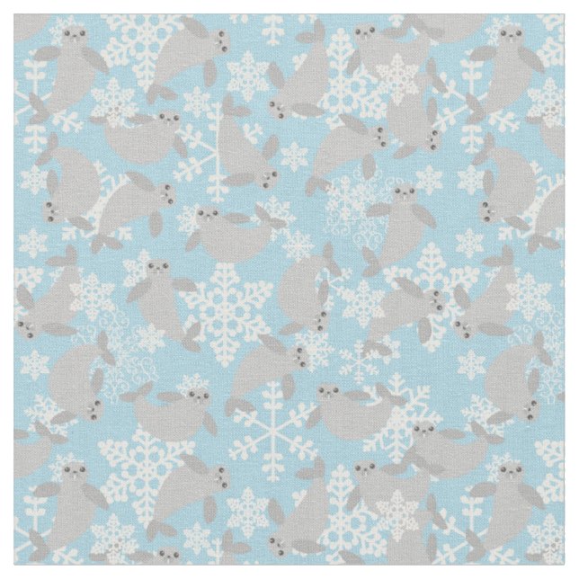 christmas manatee winter blue snowflakes  fabric (Close Up)