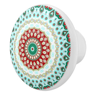 Christmas Mandala in Red, Green, and Frosted Blue Ceramic Knob