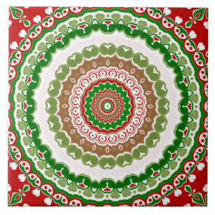 Christmas Mandala in Red, Green, and Warm Gold Tile
