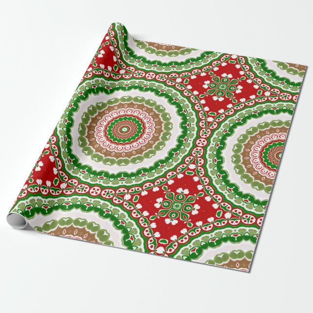 Christmas Mandala in Red, Green, and Warm Gold Wrapping Paper (Unrolled)