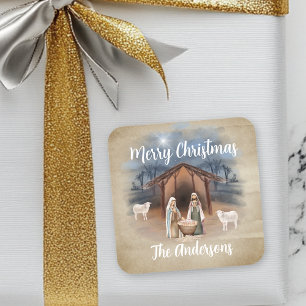 Christmas Manger Nativity Scene Watercolor Square Sticker