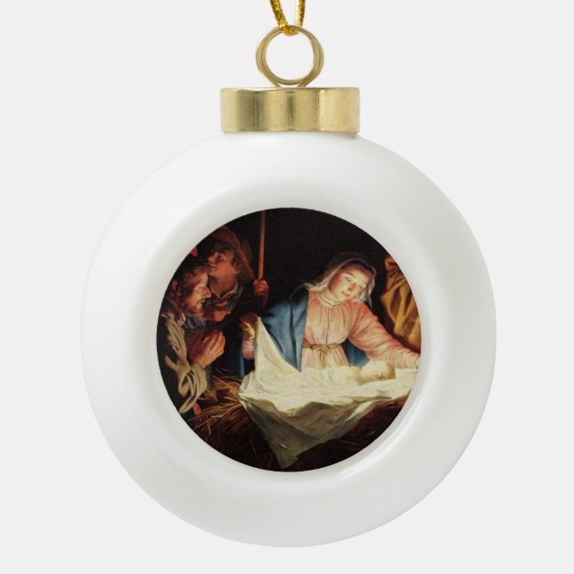 Christmas Manger Scene Ceramic Ball Christmas Ornament (Front)