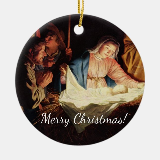 Christmas Manger Scene Ceramic Tree Decoration (Front)