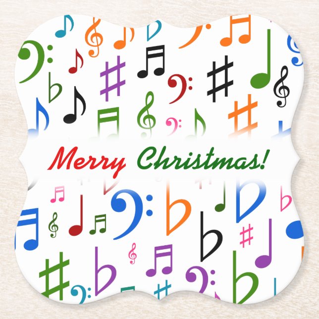 Christmas; Many Colorful Music Notes and Symbols Paper Coaster (Front)