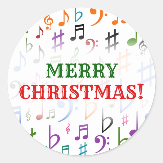 Christmas; Many Colourful Music Notes and Symbols Classic Round Sticker (Front)