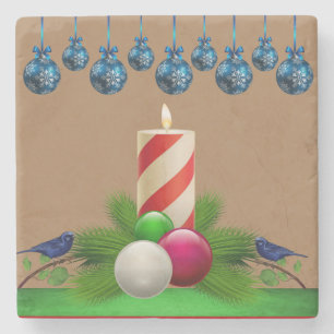 Christmas Marble Stone Coaster, Christmas Candle Stone Coaster
