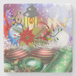 Christmas Marble Stone Coaster, Christmas Candle Stone Coaster