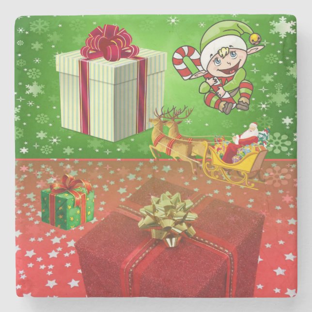 Christmas Marble Stone Coaster, Elf Stone Coaster (Front)