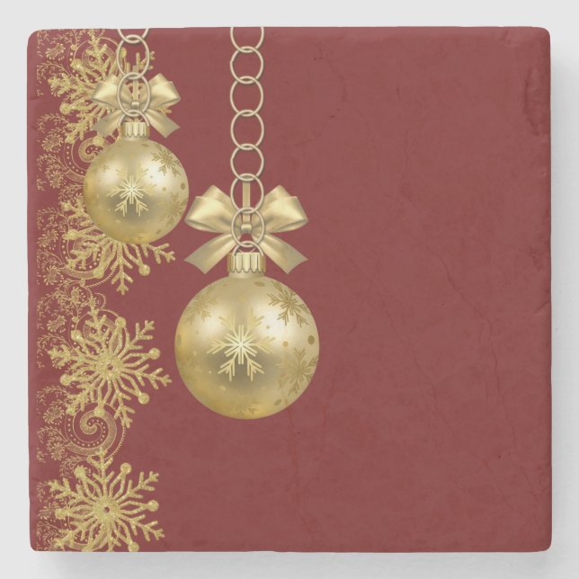 Christmas Marble Stone Coaster, Gold Balls Stone Coaster (Front)