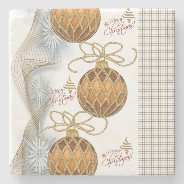 Christmas Marble Stone Coaster, Gold Balls Stone Coaster (Front)