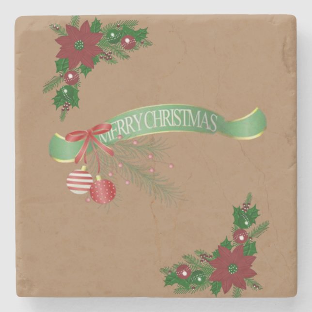 Christmas Marble Stone Coaster, Merry Christmas Stone Coaster (Front)