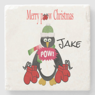 Christmas Marble Stone Coaster, Penguin Boxing Pow Stone Coaster