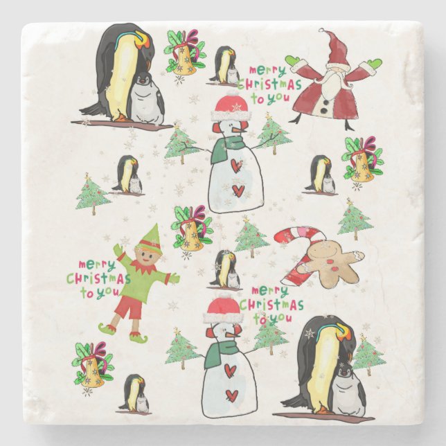 Christmas Marble Stone Coaster, Penguin Snowman  Coaster (Front)
