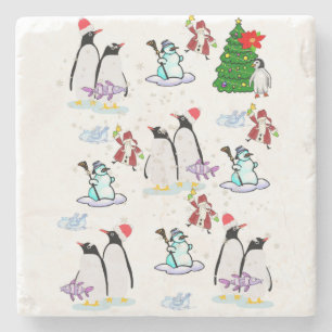 Christmas Marble Stone Coaster, Penguin Snowman Stone Coaster